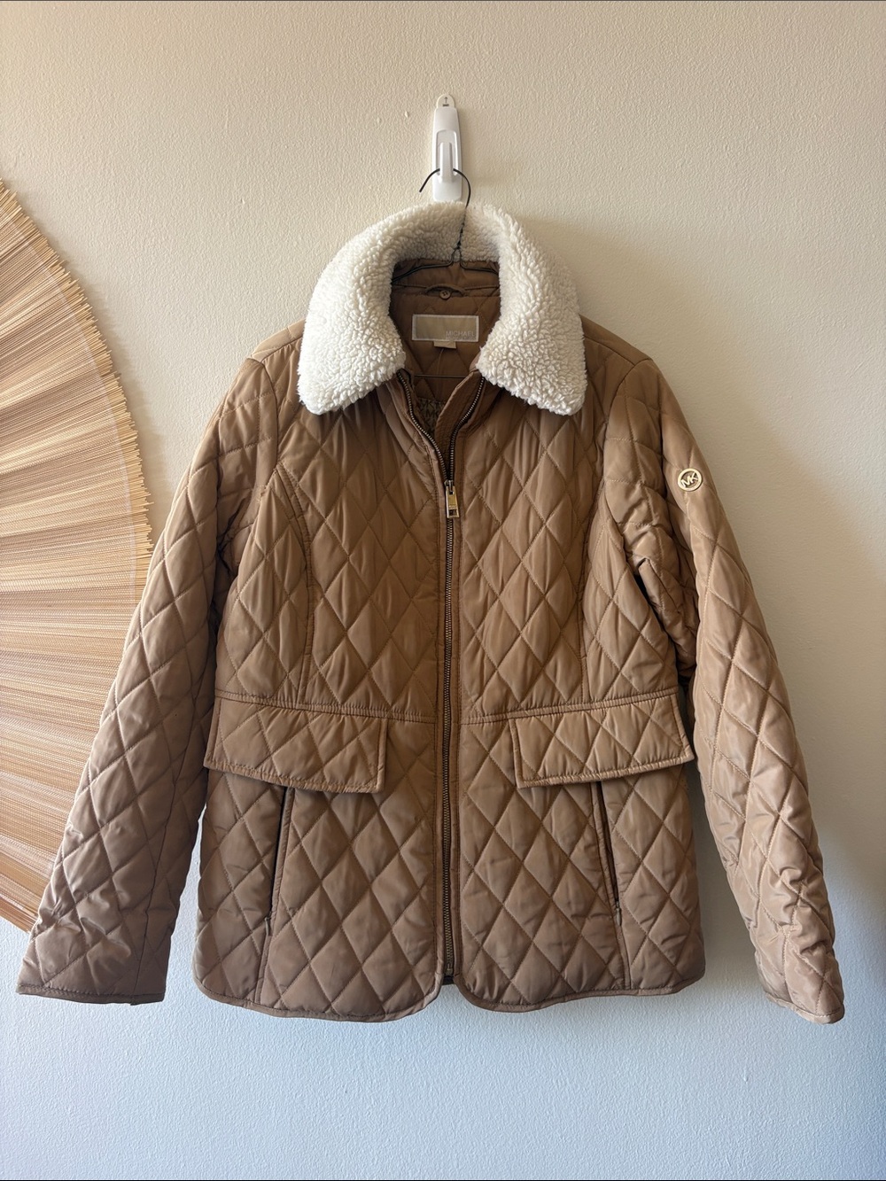MICHAEL Michael Kors Quilted Tan Puffer Jacket with White Sherpa Collar